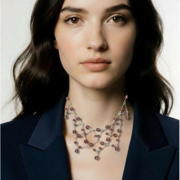 Vintage Czech Purple Crystal Necklace Silver tone - Picture 2 of 7